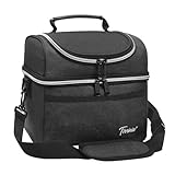 Kato Insulated Lunch Bag, Leakproof Thermal Bento Cooler Tote for Women and Men, Dual Compartment with Shoulder Strap and Front Pocket, Oxford Cloth, Black