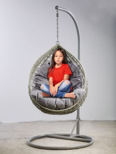 Villa Hauswerk Kinder Hängesessel mit Gestell & Kissen Indoor & Outdoor, Poly-Rattan Kids Hängestuhl Loungesessel Größe S bis 100 Kg (Grau) Cover