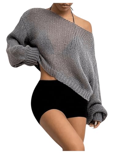 Image of SweatyRocks Women's Hollow Out Loose Sweater Lightweight Sheer Long Sleeve Pullover Sweater Grey Medium