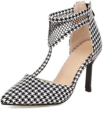 Women Hollow Out Ankle T-Strap D'Orsay Pumps Pointed Toe Stiletto Heel Back Zipper Office Lady Sexy Shallow Solid Print Super High Heel Retro Dress Wedding Party Shoes (Houndstooth,US8.5)