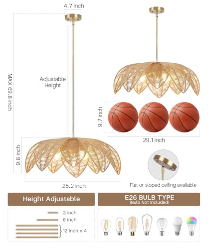 Image of 25 inch Large Rattan Boho Chandelier, 4-Light Hand-Woven Wicker Pendant Light, Farmhouse Coastal Hanging Lighting Fixture for Dining Room, Kitchen Island, Living Room, Bedroom & Foyer