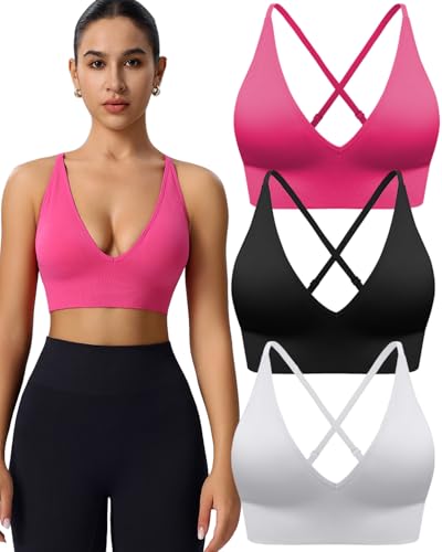 Image of Evercute Women's Sports Bras 3 /4 Pack Adjustable Deep V Neck Bras Wireless Spaghetti Strap Criss Cross Padded Low Support Bra
