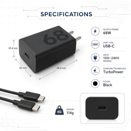 Image of 68W Turbopower Type C Adapter with 3.3 Ft USB C to USB C Cable Compatible with Motorola Edge 70 /60 Pro /Ultra /Fusion /Stylus /G67 Power /G100 /G96 5G /G57 /G86 /g85 /Razr 50 /G35 /G62 /Tab |68 W Charge, Black