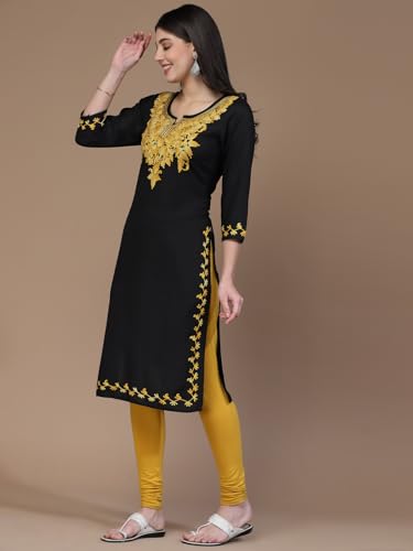 Image of QAZMI Women's Floral Aari Embroidered Viscose Rayon 3 /4 Sleeves Straight Kurta