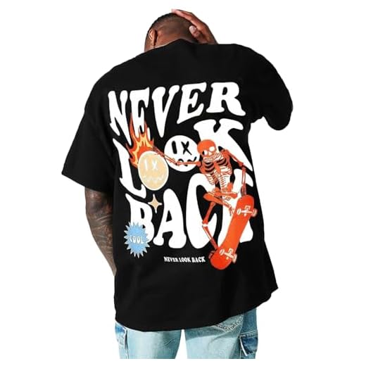 UOUA Mens Graphic Tees Vintage T-Shirts Oversized Skull Letter Print Casual Crewneck Cotton Top Cotton Short Sleeve Rapper Streetwear L