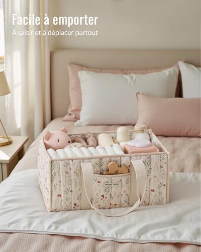 Blissful Diary Panier Rangement Bébé, Organiseur de couches pour Table à Langer, panier de rangement pour couches et lingettes pour bébé, cadeau pour fête prénatale, Fleurs Beiges – vue 4