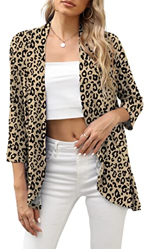 Hiyiyezi Women's Casual Lightweight Open Front Cardigans Soft Draped Ruffles 3/4 Sleeve Cardigan (Large,Fp Leopard Khaki) #TOP15