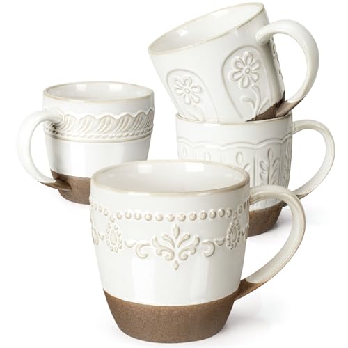 Artena Ceramic Coffee Mugs Set of 4, 16oz Embossed Large Latte Mu...
