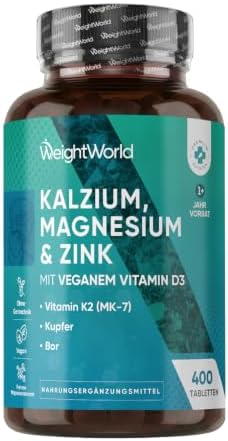 WeightWorld Calcium Magnesium Zink - 400 Tabletten - Über 1 Jahr Vorrat | 1 vegane Kalzium Magnesium Zinc Tablette Pro Tag, Mit Mangan, Vitamin D3 K2, Bor, Selen, Kupfer, Multimine