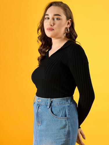 Image of 98 Degree Women Pure Cotton Collar Neck Sweater Has A Full Sleeve & Straight Hem-AW25AZG1165-BLACK