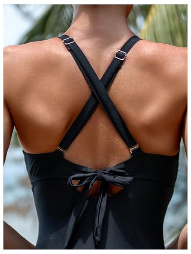 GORGLITTER Women's Lace Crochet Bow Tie One Piece Swimsuit Modest Cheeky Summer Tummy Control Bathing Suit4