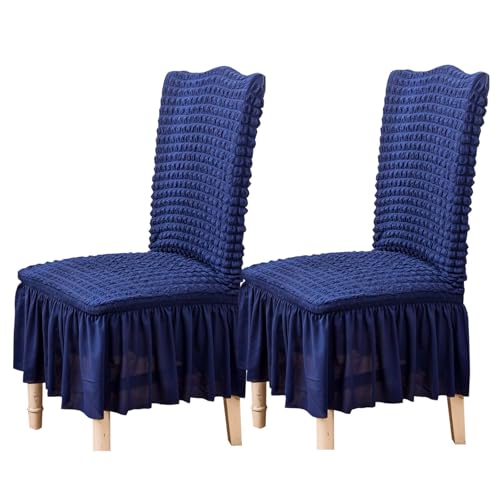 Qubjus Chair Covers for Dining Room Set of 2 Stretch Chair Slipcovers with Skirt Removable Washable Kitchen Chair Protector Cover Set for Home, Party, Wedding(Blue, 2Pcs)
