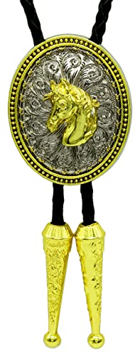 Moranse Bolo Tie Golden Horse Head Western Cowboy Oval Medal Style With Cowhide Rope Necktie #TOP3