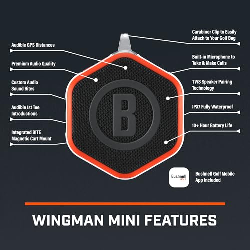 Bushnell Golf Wingman Mini GPS Speaker – Ultra Portable Bluetooth Golf Speaker with Audible Distances, Magnetic Cart Mount, Waterproof, 10Hr Battery & Carabiner, Orange by Bushnell - Image 3