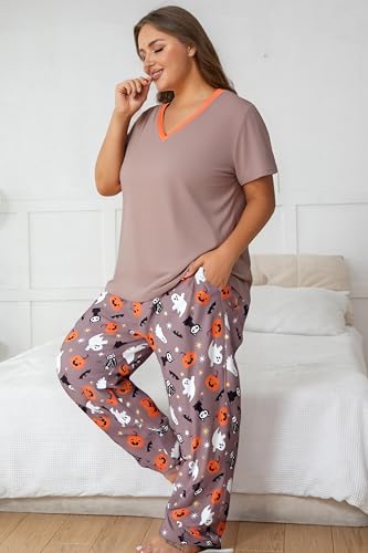 Image of Vozanet Women's Pajama Sets Short Sleeve with Long Pant Soft Sleepwear Printed pj Loungewear With TWO Pockets Size 1X to 5X
