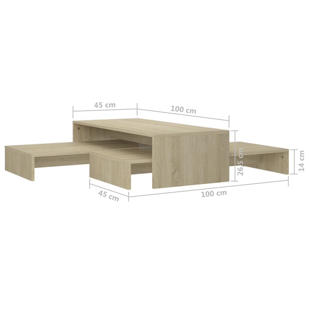 Satztisch 3er Set Sonoma-Eiche Couchtisch Set Holzwerkstoff, Beistelltisch ineinander schiebbar für das Wohnzimmer, Kaffeetisch und Sofatisch, 100x100x26,5 cm