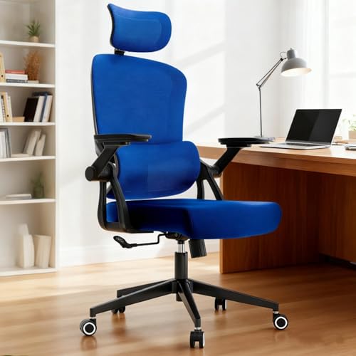 350 LBS Ergonomic Office Computer Mesh Chair - Adjustable Height Rolling Desk Chair with Flip-Up Armrests & High Back Support - Comfortable Swivel Task Chair for Home Office (01BLUE)