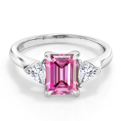Gem Stone King 2.07 Cttw Pink and White Moissanite 3-Stone Ring | 925 Sterling Silver | 3 Stone Wedding Engagement Anniversary Promise Ring For Women | Emerald Cut 8X6MM | Trillion 3.5MM