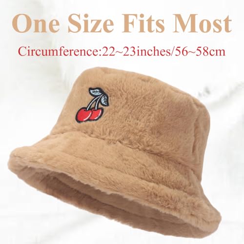 Image of Bucket Hat Women Furry Fuzzy Bucket Hats for Ladies, Winter Warm Fluffy Plush Faux Fur Hat for Women
