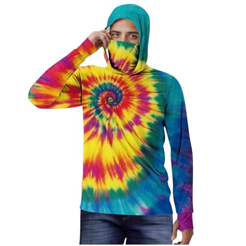 Men's Sun Protection Hoodie Shirt UPF 50+ Long Sleeve UV SPF Fishing Tie Dye Print Shirts with Mask Rash Guard
