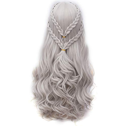Probeauty Long Braid Curly Women Cosplay Wigs for Daenerys Targaryen khaleesi+Wig Cap (Silver Curly Braid B)