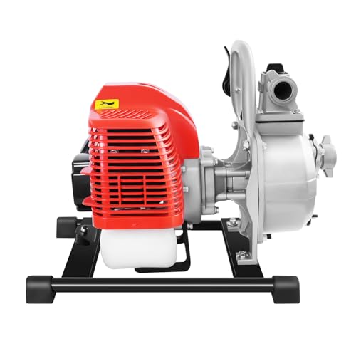 KANBCNG Tragbare 2 Takt Wasserpumpe 1250 W Benzinmotor Wasserpumpe 43cc 8500RPM Durchflussmenge 10m³/h Manuell Start Luftgekühlt Einzylinder Gartenpumpe mit 2 m Zuleitung