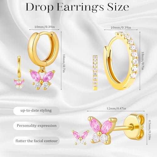 3pcs elegant and stylish golden butterfly-shaped pink zirconia stud earrings for women。Surgical Steel Drop Dangle Small Huggie Hoop Earrings Set 14K Gold Plated Hypoallergenic CZ Stud Earrings for Women Waterproof and Non Tarnish Rectangle2
