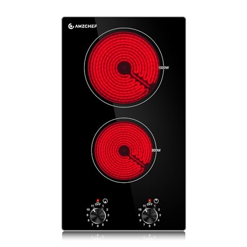 AMZCHEF 2 Burner Electric Cooktop 12 Inch, Domino Electric Stove Top 120v Plug Ceramic Cooktop with 1800W 9 Power Levels,Sensor Touch,Child Lock,Residual Heat Indicator,Built-in&Countertop,Upgraded