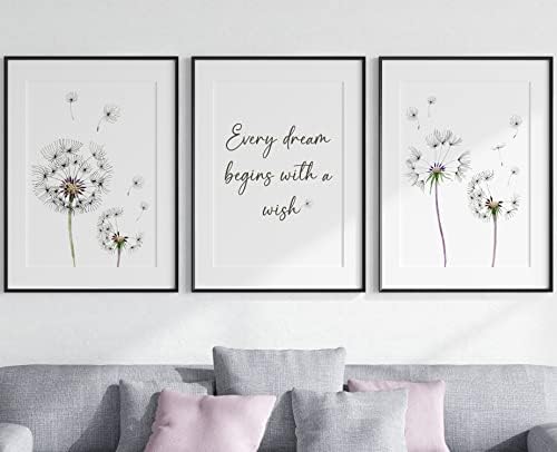 Dandelion Quote Wall Art Set of 3 Unframed Prints, Plant Decor, Living Room Bedroom Poster Home Decor, Every Dream Begins with a Wish (A3)