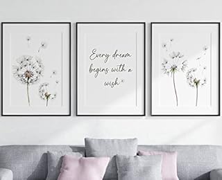 Dandelion Quote Wall Art Set of 3 Unframed Prints, Plant Decor, Living Room Bedroom Poster Home Decor, Every Dream Begins with a Wish (A3)