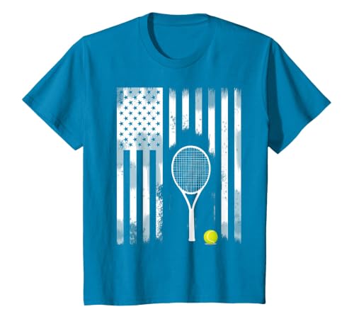 Tennis American Flag USA America Tennis Open Patriot T-Shirt, Youth, Sapphire Blue, Large