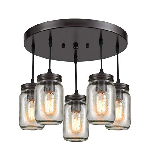 EUL Rustic Mason Jar Semi Flush Mount Ceiling Light 5-Light Pendant Lighting Fixture Oil Rubbed Bronze