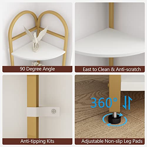 Loomie Corner Shelf Stand, 5-Tier Modern Corner Bookshelf, Gold Tall Corner Book Shelf, Freestanding Corner Plant Shelf, Metal Frame Corner Shelving, For Livingroom, Bedroom, Kitchen, Bathroom, White #TOP6