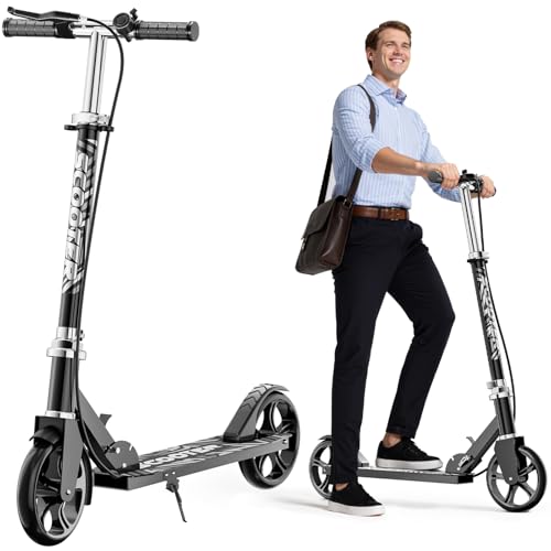 fanado Scooter für Kinder 8–12 Jahre, Jugendliche & Erwachsene – Leicht, klappbar, 200 mm große Räder, Handbremse & Klingel, bis 100 kg belastbar, ideal für Schule, Campus und Parkfahrten - Schwarz