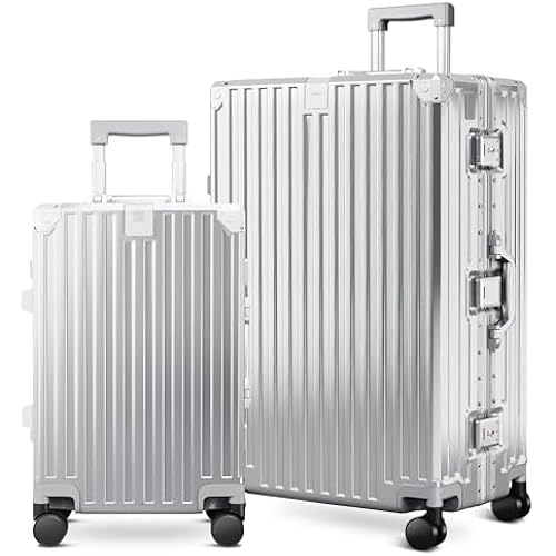 ALPHA CAMP 2 Piece Luggage Sets with Aluminum Frame (20/28 Inch,Silver)
