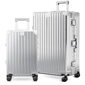 ALPHA CAMP Kofferset 2 Teilig Größe M XL Reisekoffer Leicht Hartschalenkoffer Polycarbonat Luggage Suitcase mit Rollen TSA Schloss & Aluminium Rahmen Handgepäck Silber