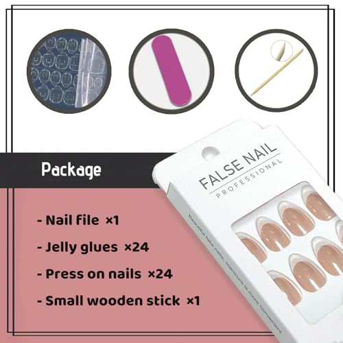 YOSOMMK French Tip Chrome Press on Nails Almond Medium Fake Nails with Mirror Designs Glossy Glue on Acrylic Nails Nude Full Cover False Nails for Women - Thumbnail 5