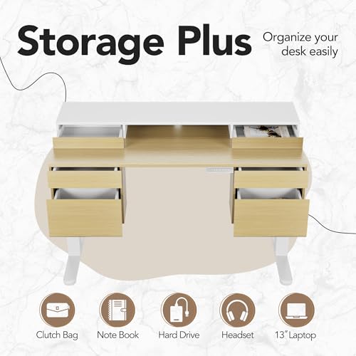 Image of HUANUO Electric Standing Desk with 6 Drawers, 55 Inch Height Adjustable Stand Up Desk with Storage, Computer Workstation Compatible with Monitor Stand for Home Office, Light Walnut