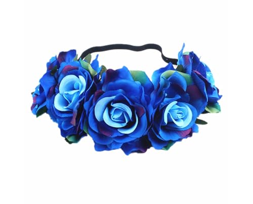 Lofruiin Women's Hawaiian Rose Flower Stretch Headband Artificial Flower Hairband Floral Crown Headpiece (Colorful Blue, Free)