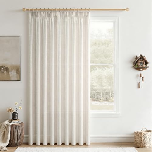 CUTEWIND Rideau Vintage Lin Ivoire Rideau Chambre Fille Rideau Lin Blanc 200cm de Large 245cm de Haut, 1 Pièce, Rideaux Translucide à Ruban Fronceur pour Décoration...