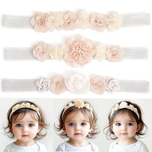 Baby Girl Headbands Flower Hair Bows Accessories-Elastic Hair Band Crown Handmade FLoral Wraps Birthday Gifts for Girls Newborn Infant Toddler 3Pcs