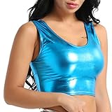 iEFiEL Damen Glänzende Tops Wetlook T-Shirt Bauchfrei Oberteile Gogo Clubwear Leder-Optik Tank Top Weste Sport Bustier Unterhemd Türkis Einheitsgröße
