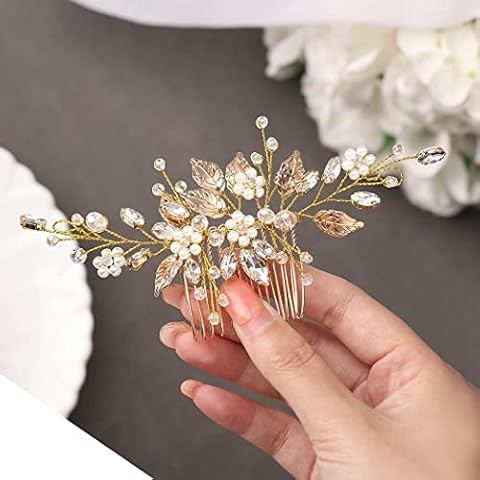 Gorais Leaf Bride Wedding Hair Comb Pearl Bridal Hair Piece Crystal Side Comb Hair Accessories for Women and Girls (B-Gold) Cover