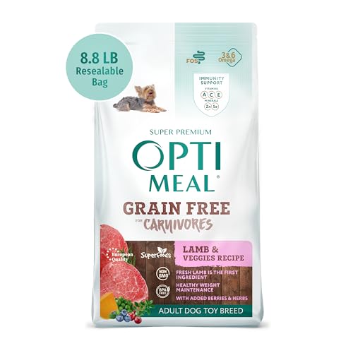Optimeal Toy Breed Dry Dog Food – Grain Free Small Kibble for Small Dogs, High Protein, Natural Ingredients, Skin & Digestive Support, Premium Nutrition – Lamb & Veggies, 8.8 lbs