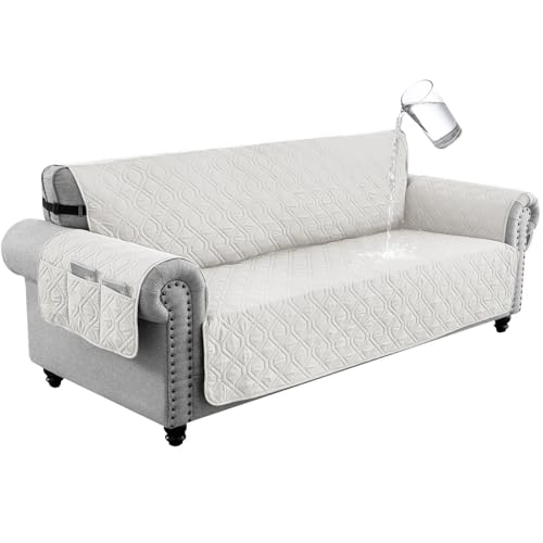 LIWEGHT Sofa Covers Waterproof Couch Cover Non-Slip Quilted Sofa Slipcover for Dogs Furniture Protector Cover for Pets with Adjustable Strap Washable (White, 168×56cm)