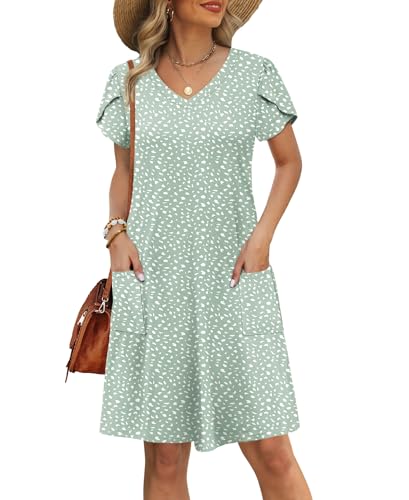Image of OFEEFAN Womens Summer Dresses 2026 Tulip Petal Short Sleeve V Neck Loose Swing Sundresses with Pockets Plain /Print