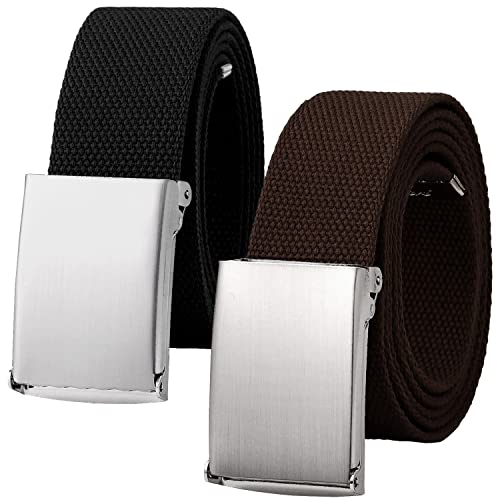 Falari Canvas Web Belt Fully Adjustable Cut to Fit Golf Belt Flip Top Silver Buckle - Black & Dark Brown (2 Pack)