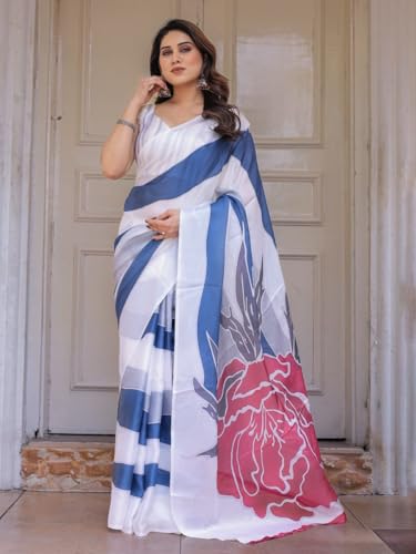 Image of ALMAARI FASHION Women's Floral Printed Georgette Satin Saree with Unstitched Blouse Piece | Traditional Ethnic Wear Sarees | Soft Lightweight Ethnic Office Wear Daily Wear Indian Sari (SG 181-190 F)