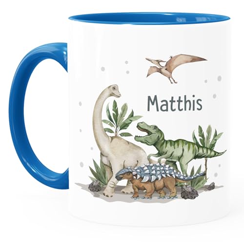 SpecialMe® Kindertasse Dino mit Namen personalisiert Dinosaurier T-Rex Tasse aus Keramik für Kinder Jungen Mädchen Weiss-innen-blau standard – Ansicht 2