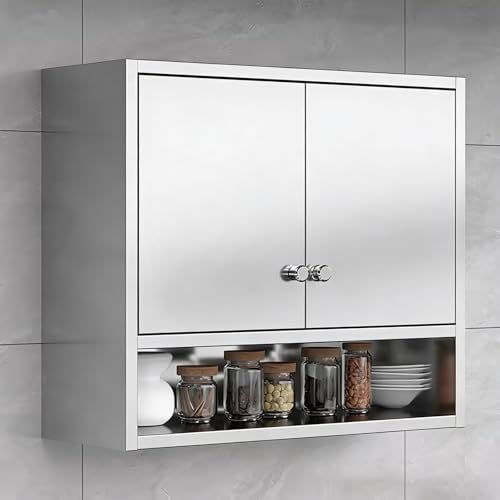 Adjustable Kitchen Wall Cabinet with 3 Tempered Glass Doors, Rustproof & Waterproof Storage Shelves, Space-Saving Organizer for Kitchen & Bathroom (80cm)